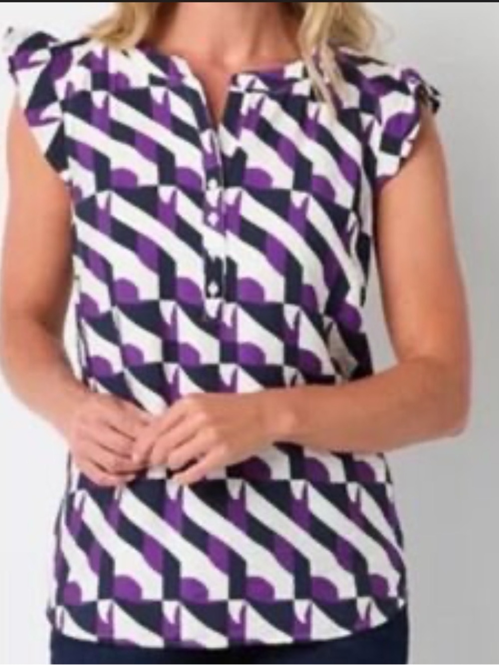 Liz Claiborne Purple, Black & White Geometric Cap-Sleeve Blouse.           278
